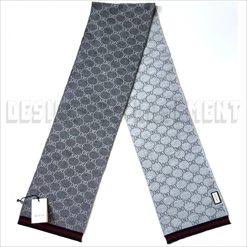 GUCCI gray & white SOLANGE Original GG red & blue WEB wool reversible long scarf